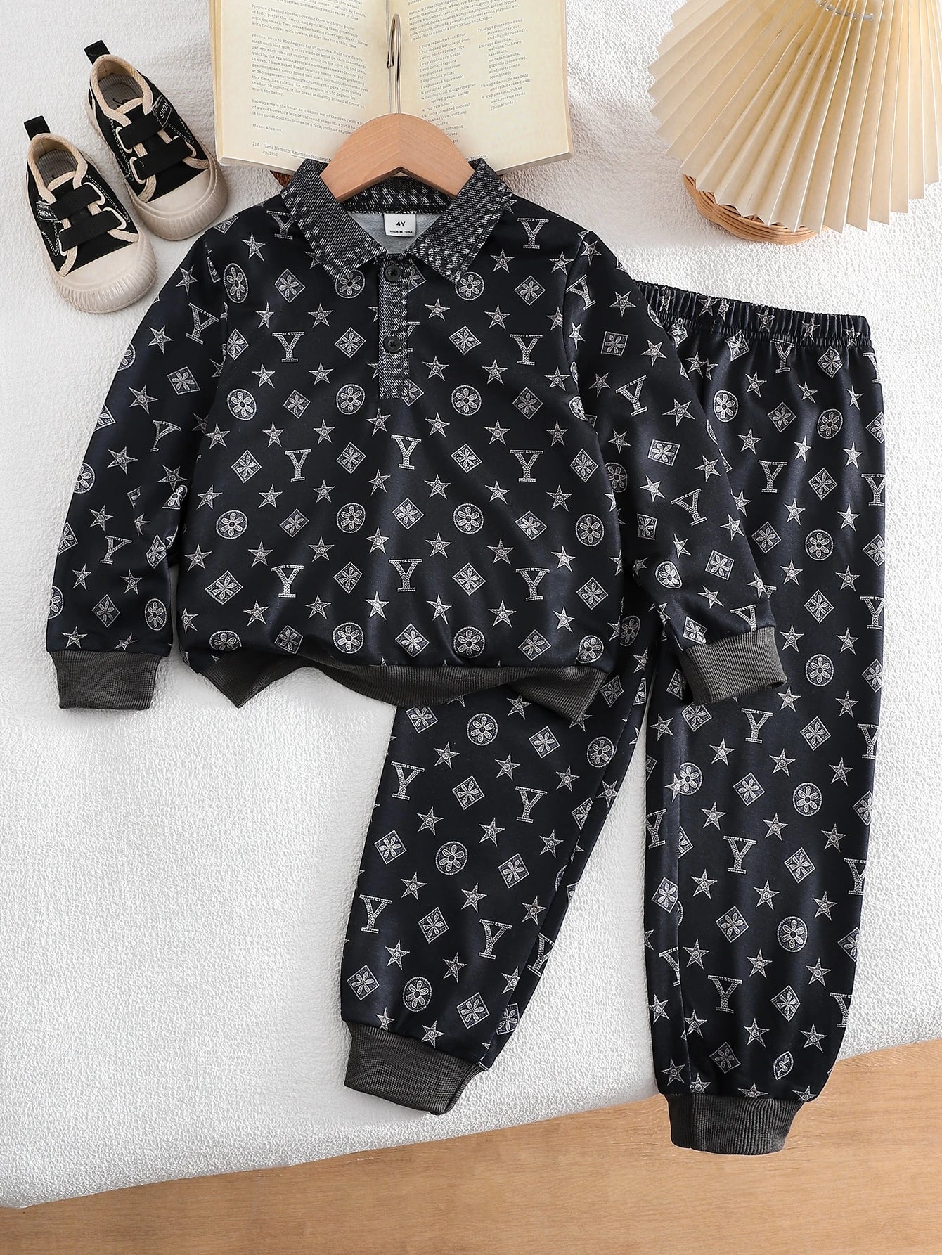 Printed Fabric Half-Zip Polo Collar Sweatshirt And Sports Sweatpants Set