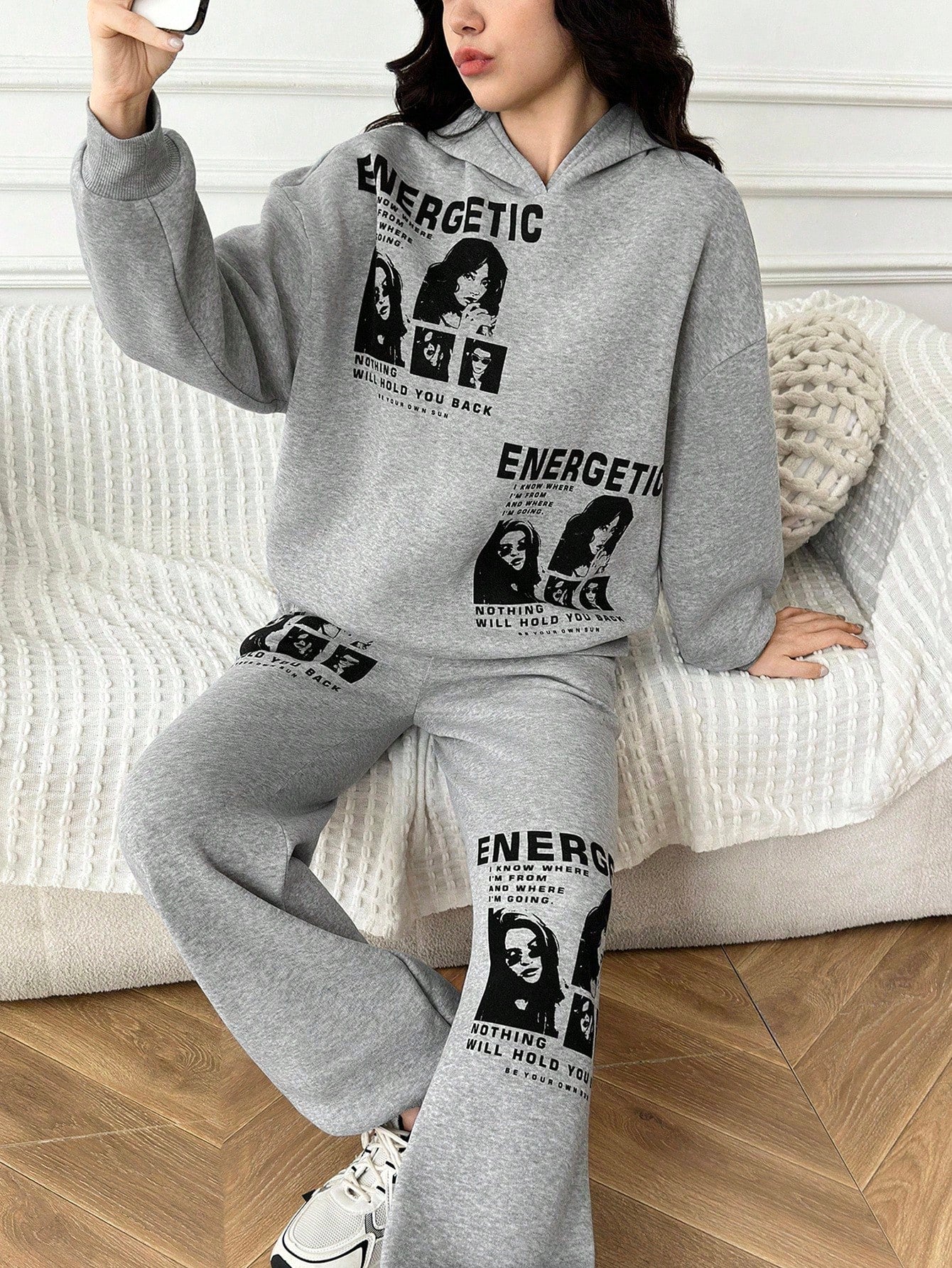 Teen Girl Thick Fleece Loose Casual Street Style Portrait & Slogan Print Hoodie
