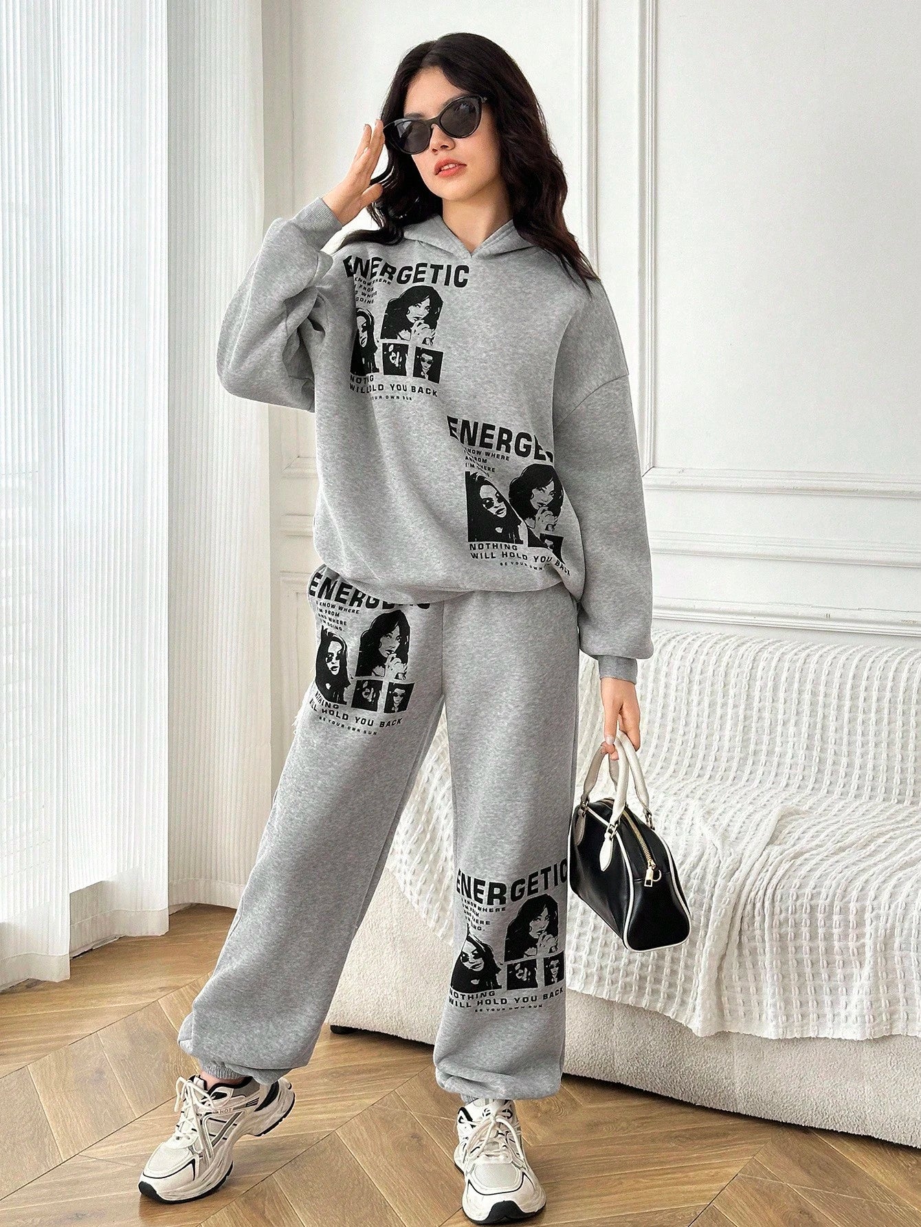 Teen Girl Thick Fleece Loose Casual Street Style Portrait & Slogan Print Hoodie