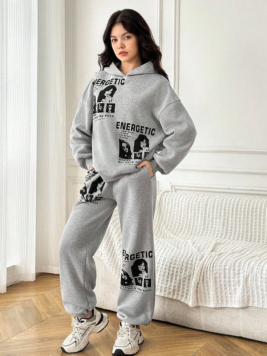 Teen Girl Thick Fleece Loose Casual Street Style Portrait & Slogan Print Hoodie Light Grey