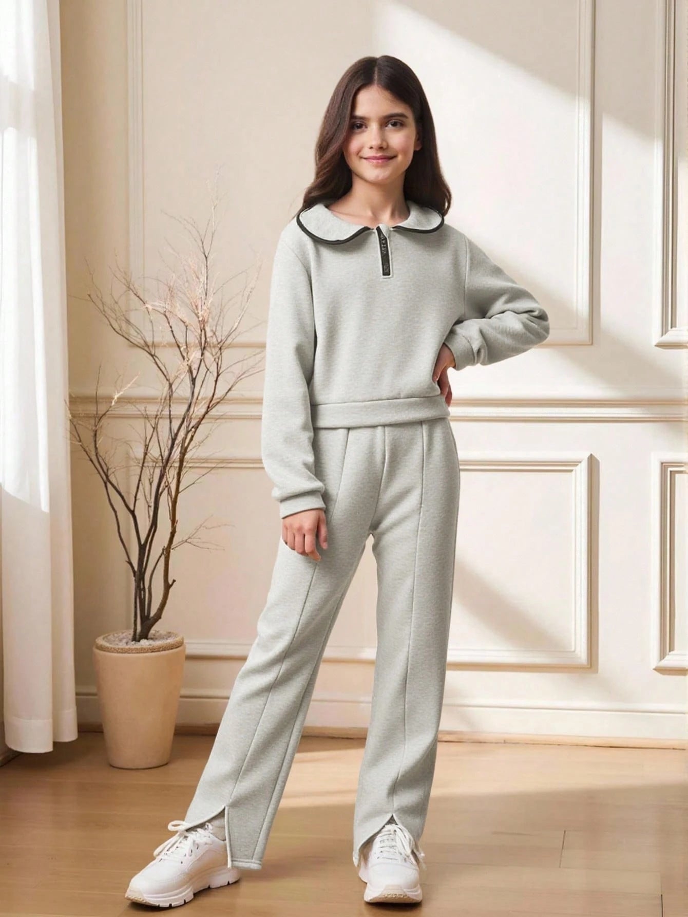 2pcs/Set Tween Girl Apricot Color Lapel Half-Zip Jacket & Flared Sweatpants Apricot
