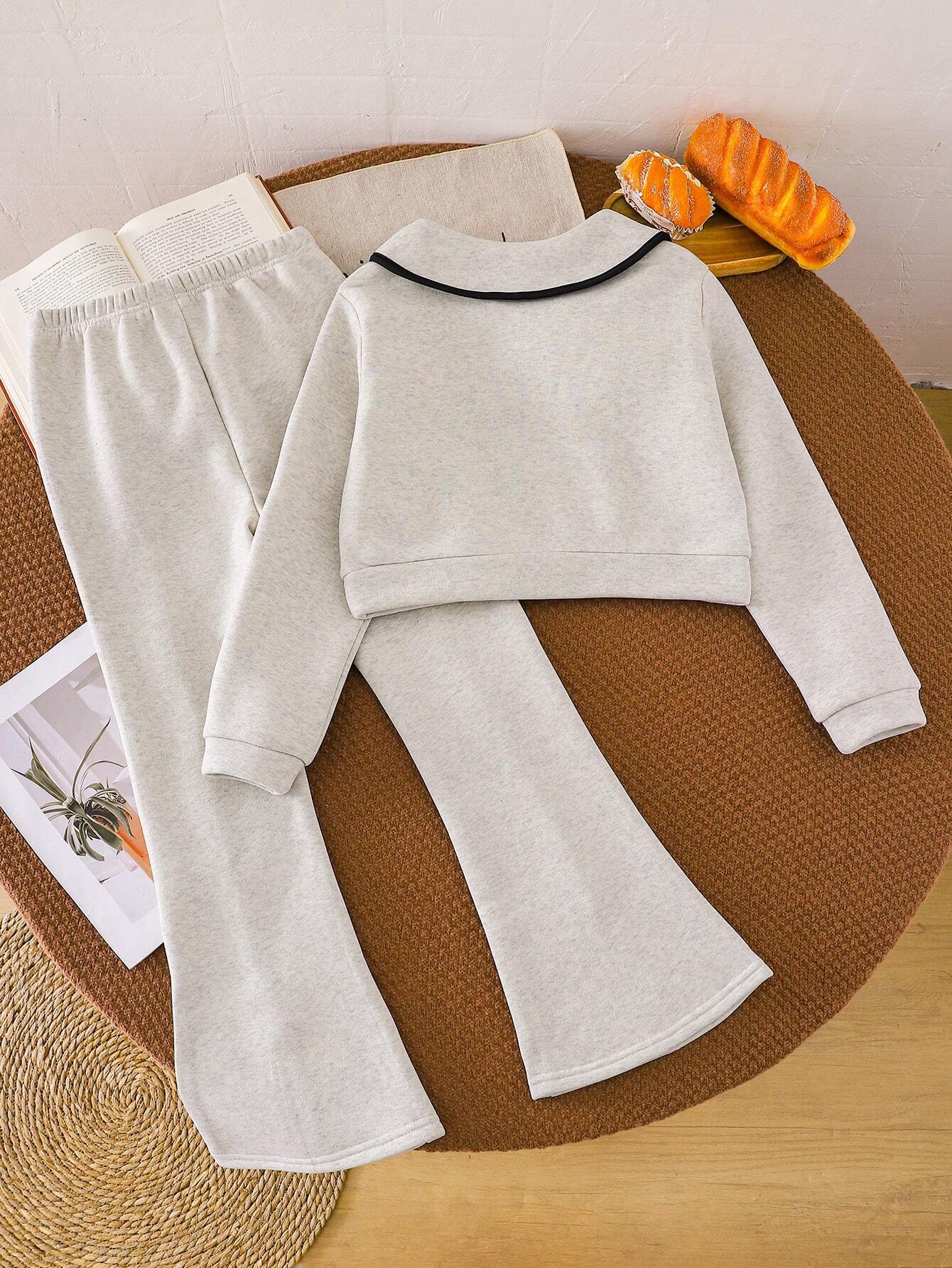 2pcs/Set Tween Girl Apricot Color Lapel Half-Zip Jacket & Flared Sweatpants