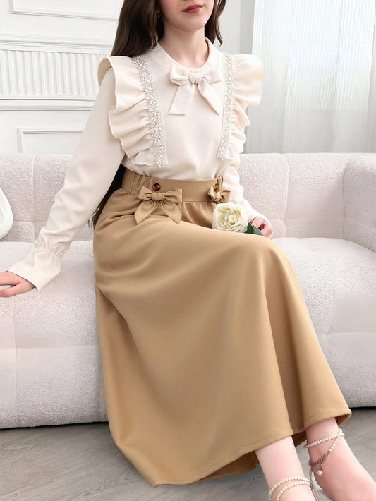 2pcs/Set Tween Girl Casual & Fashionable Style Outfit Khaki