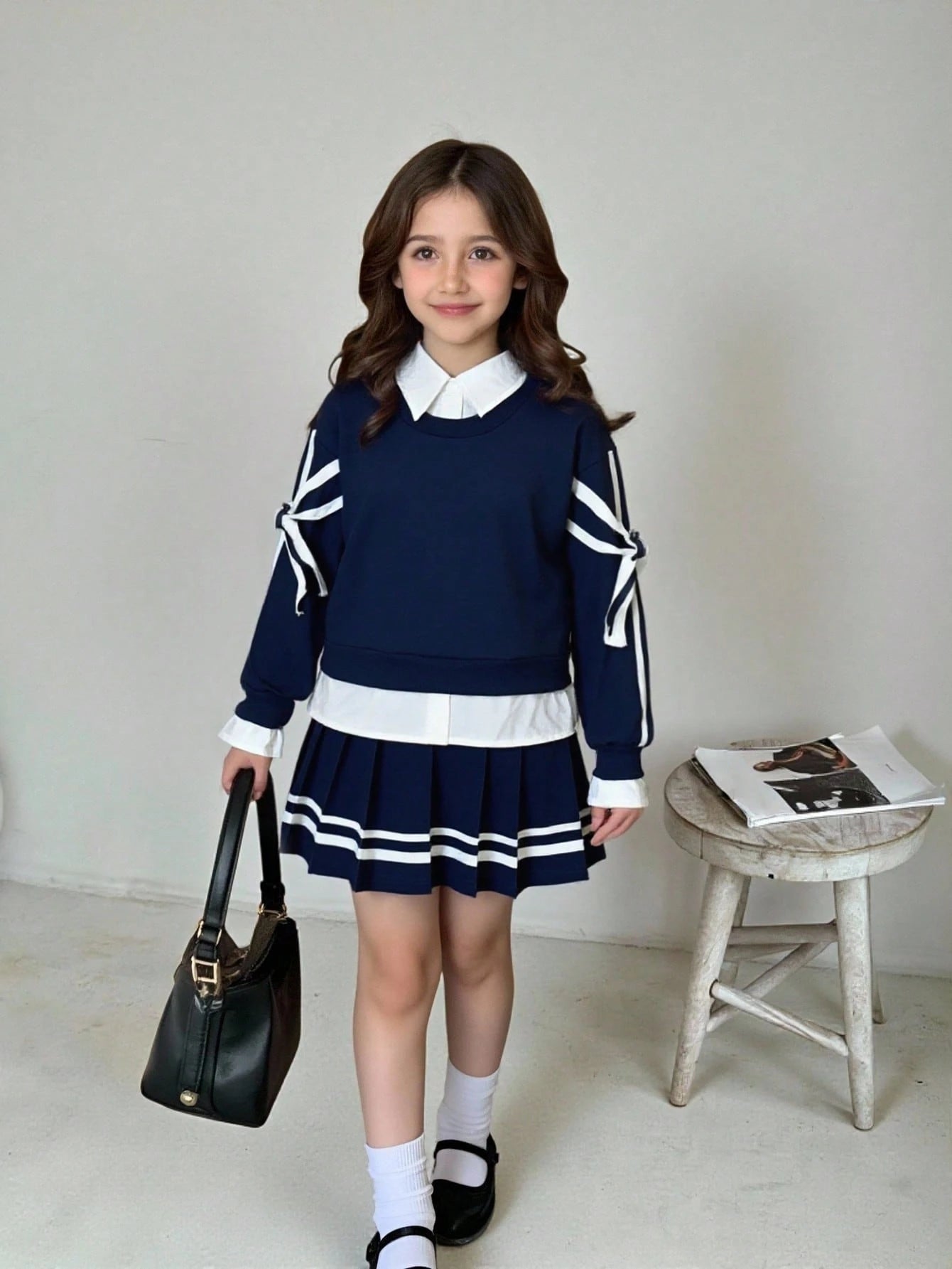 Tween GirlsVacation Casual Comfortable Design Sleeve Bow Decor 2 In 1 Shirt Sweatshirt And Pleated Skirt Navy Blue