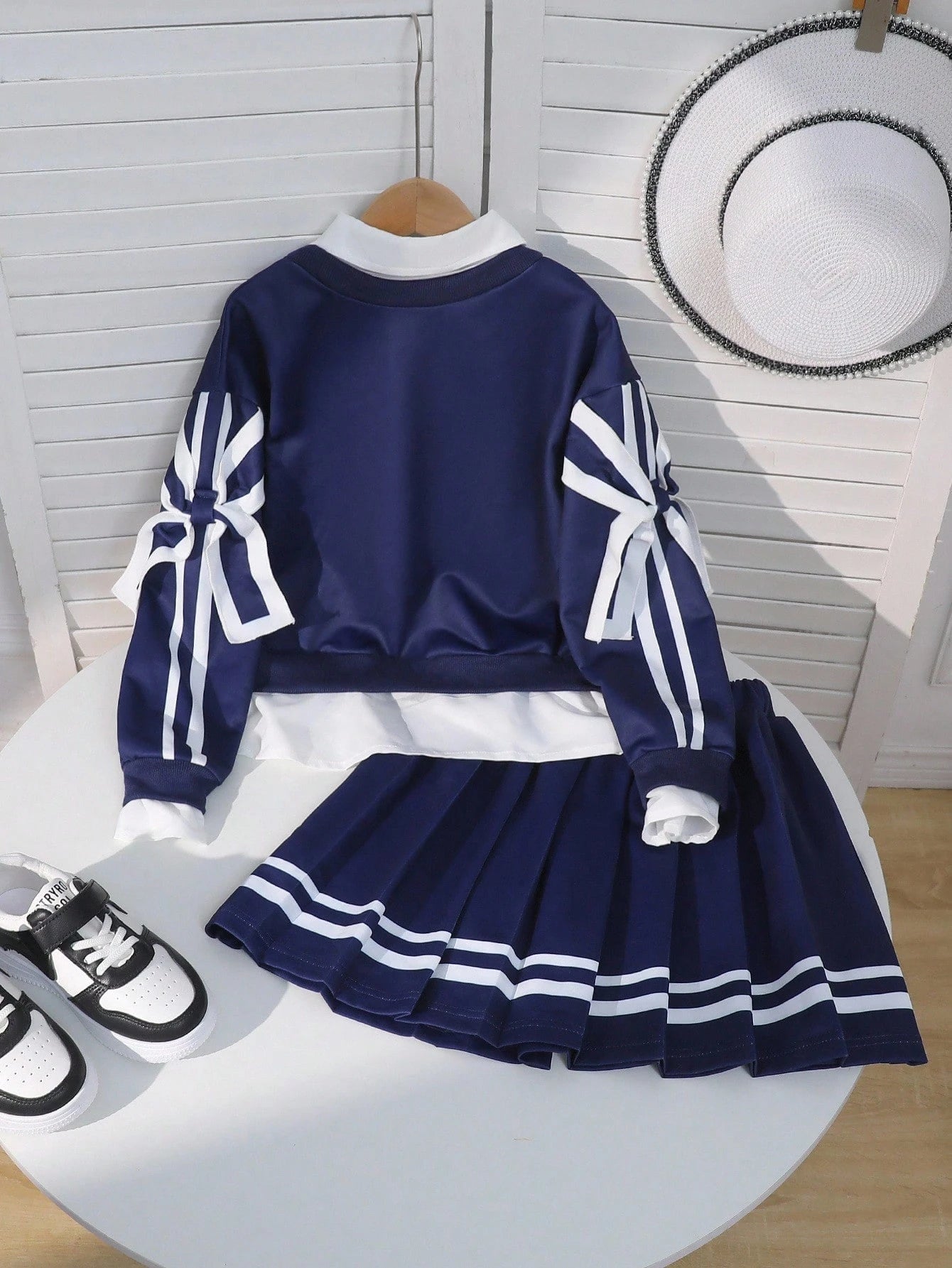 Tween GirlsVacation Casual Comfortable Design Sleeve Bow Decor 2 In 1 Shirt Sweatshirt And Pleated Skirt