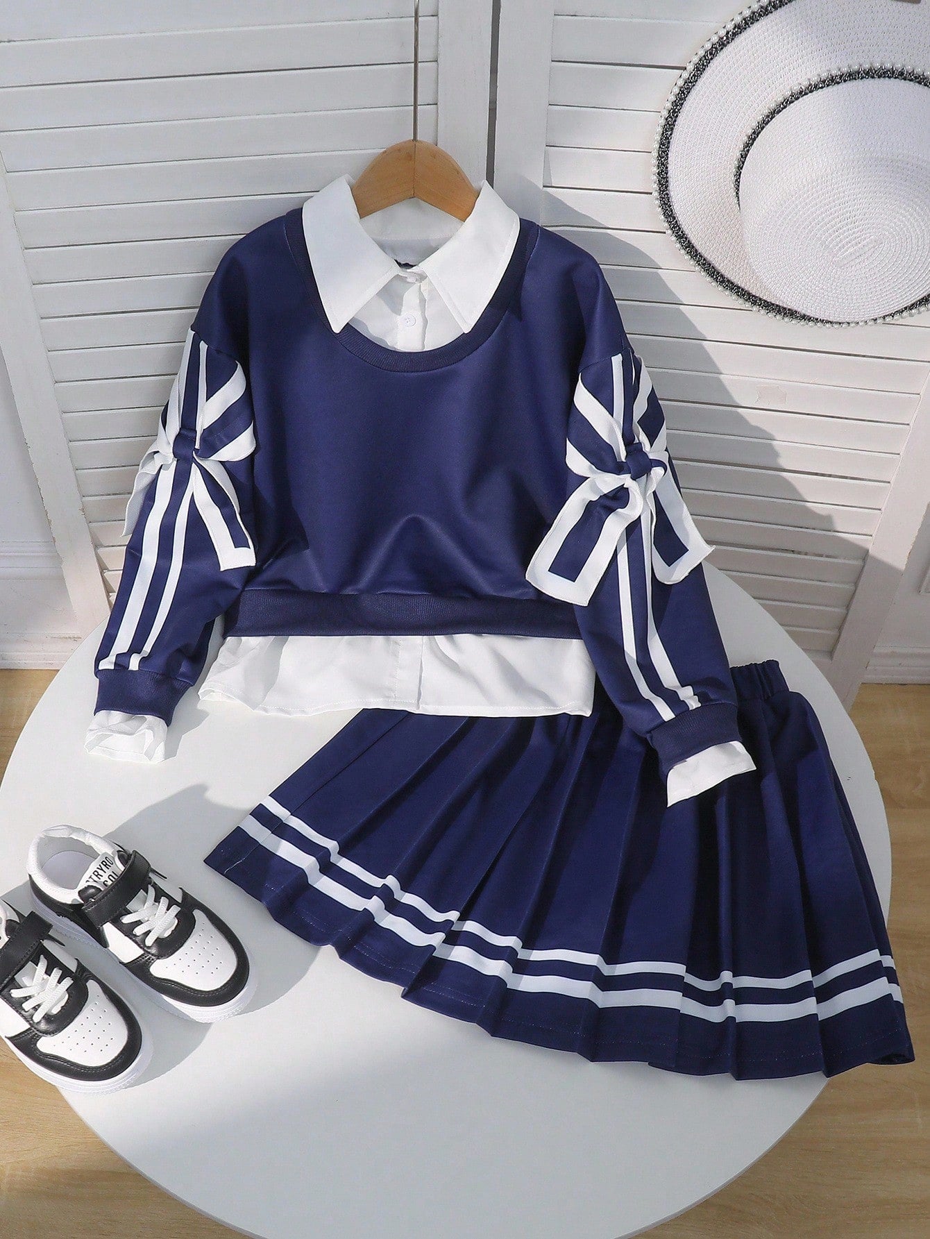 Tween GirlsVacation Casual Comfortable Design Sleeve Bow Decor 2 In 1 Shirt Sweatshirt And Pleated Skirt