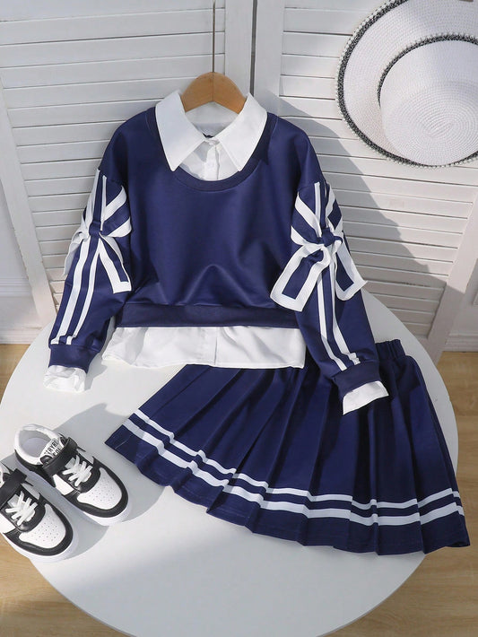 Tween GirlsVacation Casual Comfortable Design Sleeve Bow Decor 2 In 1 Shirt Sweatshirt And Pleated Skirt