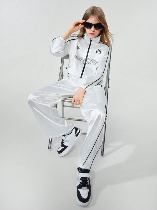 Tween Girls Colorblock Zip Front Letter Print Minimalist Top And Pants Black