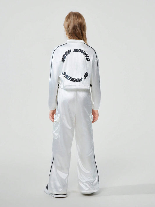 Tween Girls Colorblock Zip Front Letter Print Minimalist Top And Pants