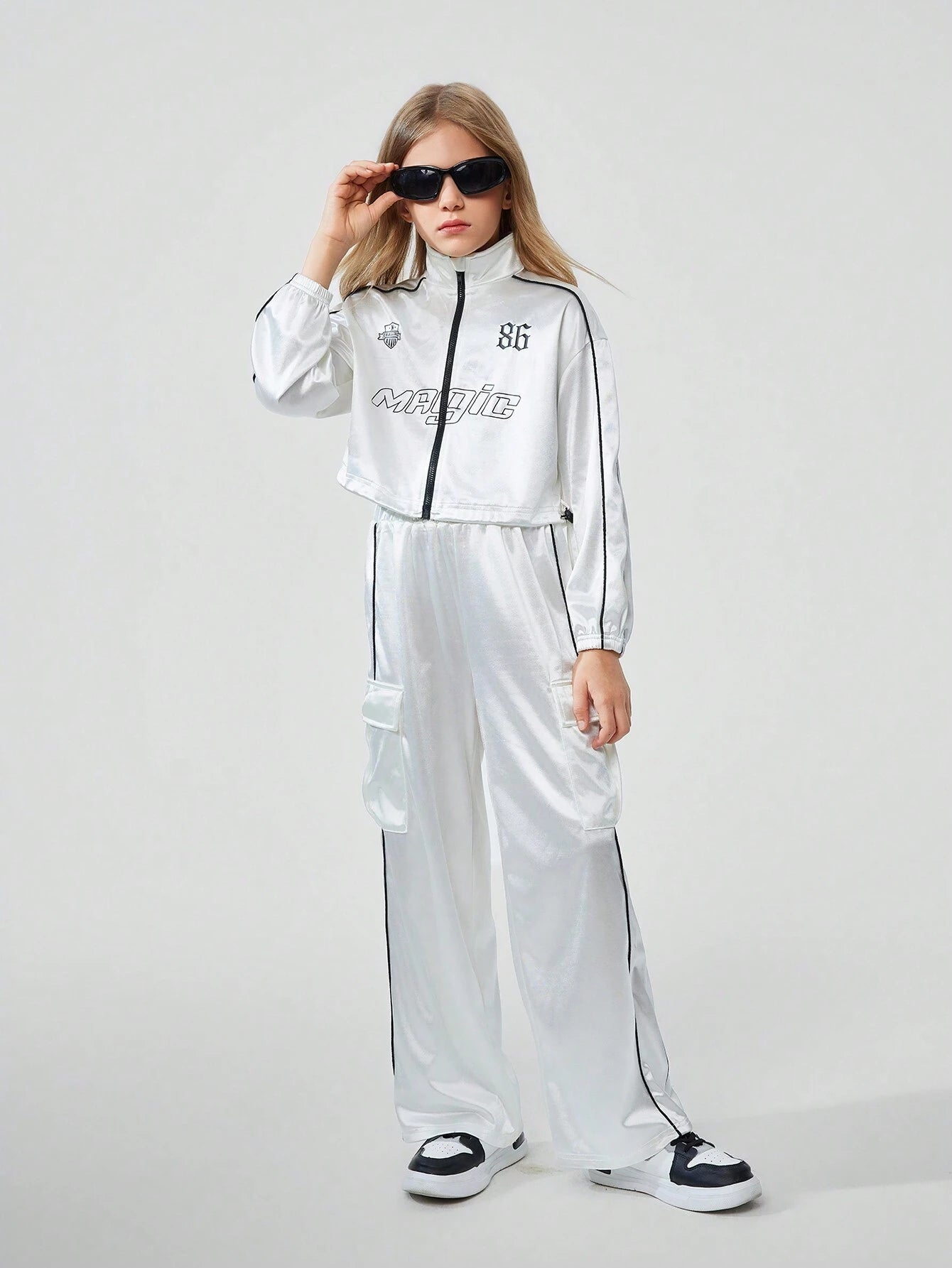 Tween Girls Colorblock Zip Front Letter Print Minimalist Top And Pants