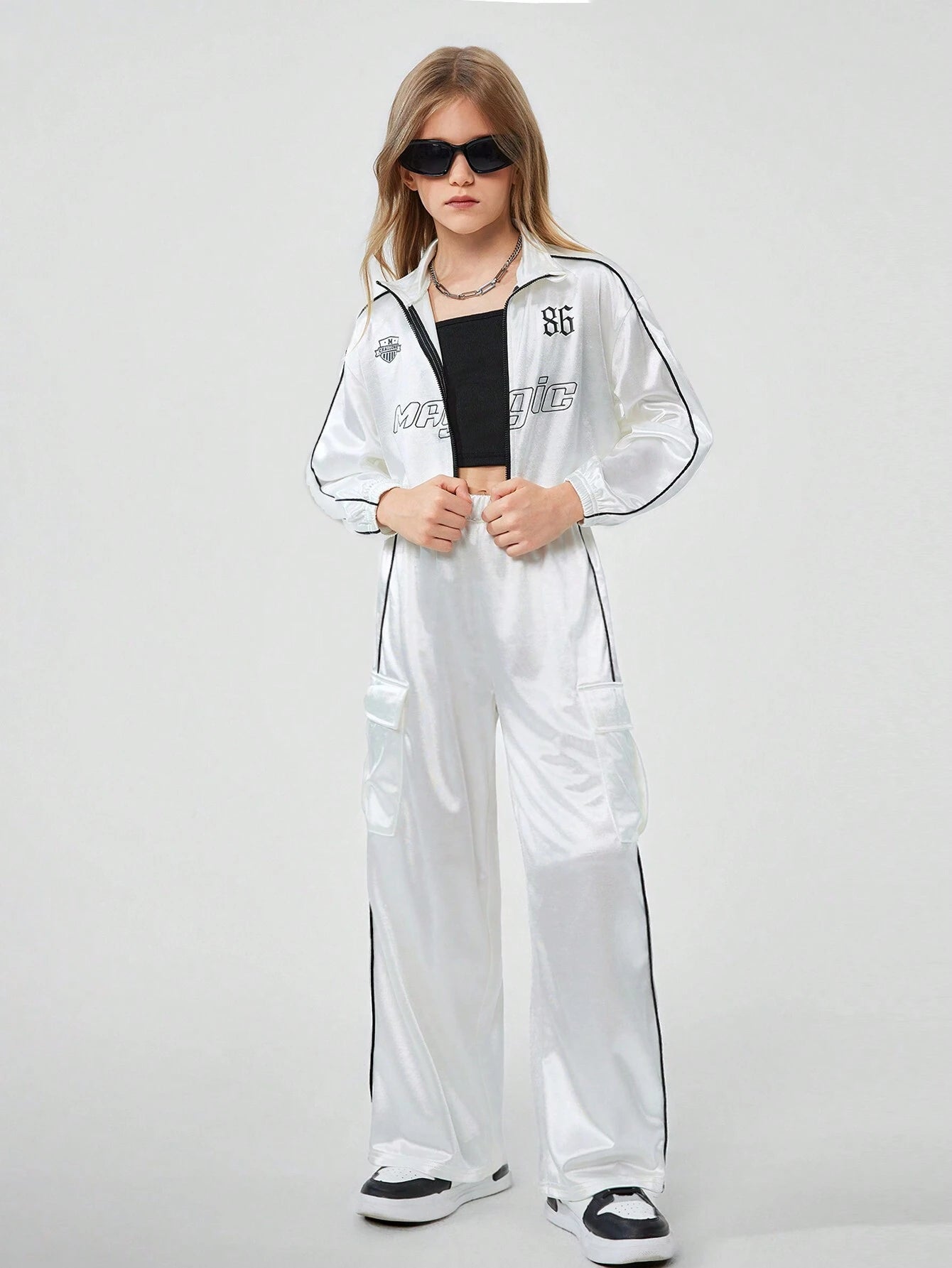 Tween Girls Colorblock Zip Front Letter Print Minimalist Top And Pants