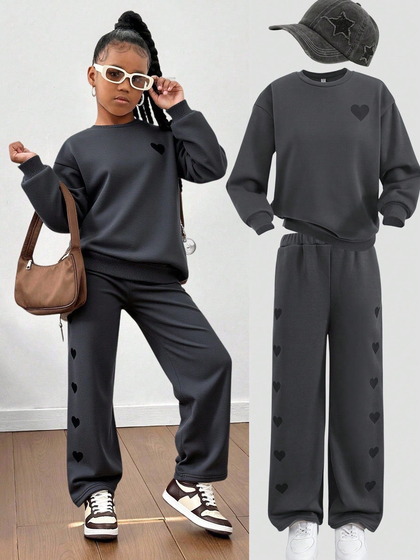 Tween Girl Loose Casual Minimalist Comfortable Crew Neck Sweatshirt And Pants