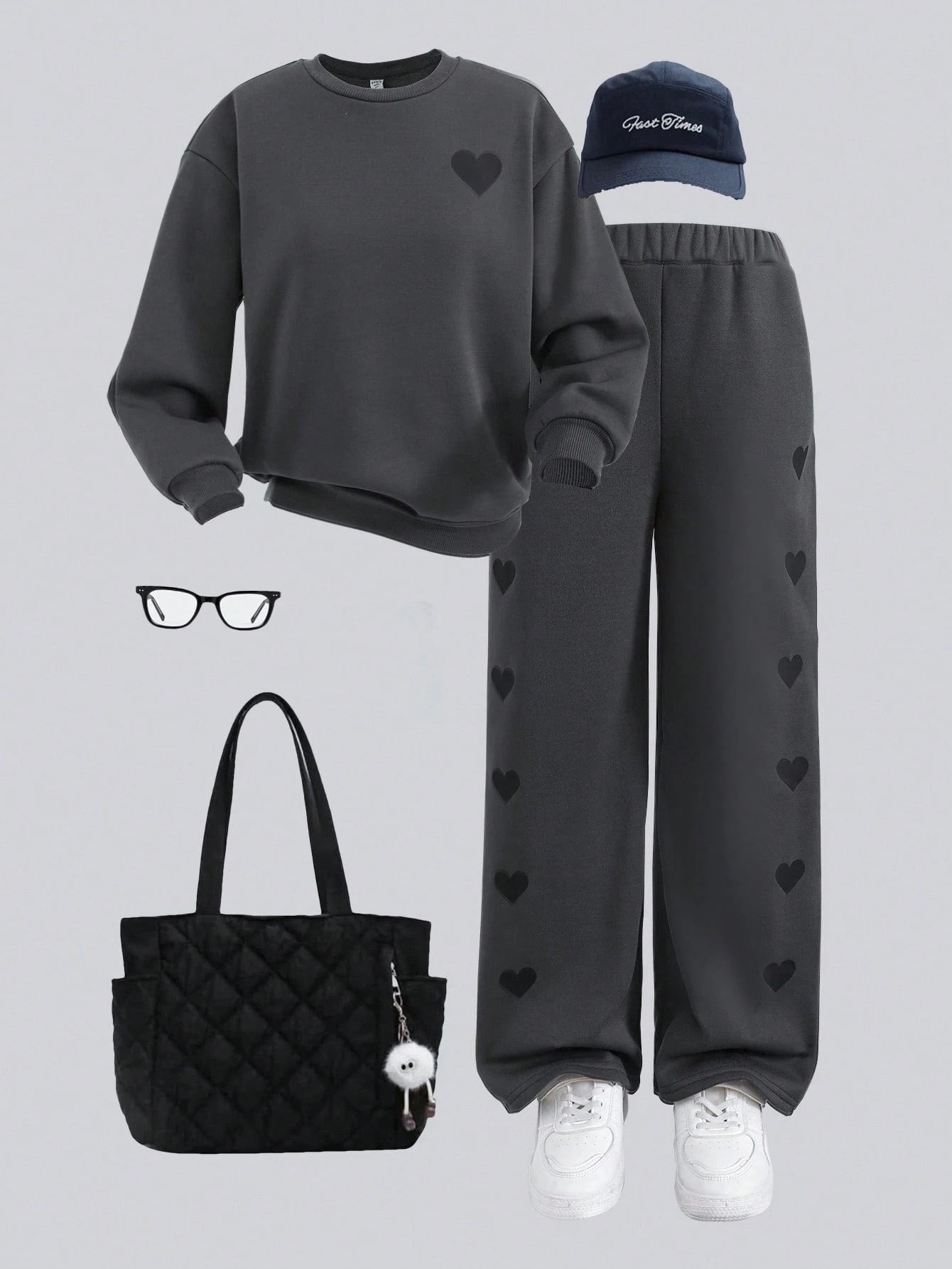 Tween Girl Loose Casual Minimalist Comfortable Crew Neck Sweatshirt And Pants Dark Grey