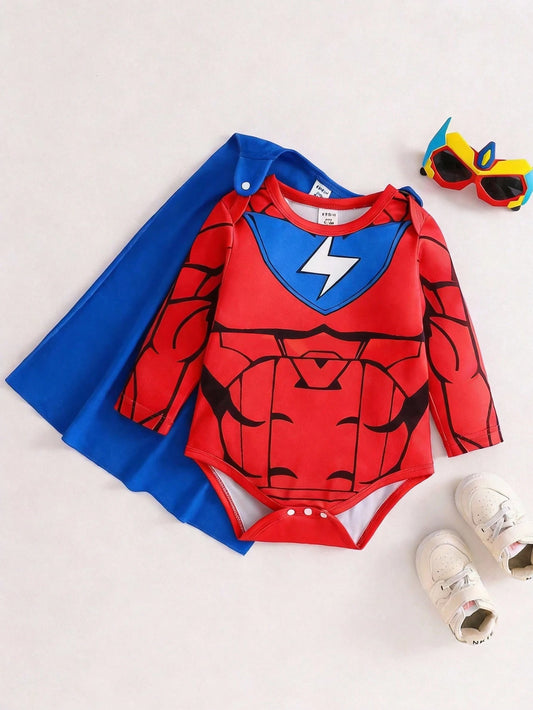 Superhero Graphic Print Long Sleeve Romper And Cape Set