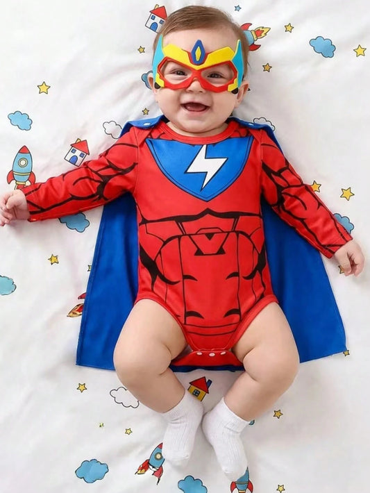 Superhero Graphic Print Long Sleeve Romper And Cape Set