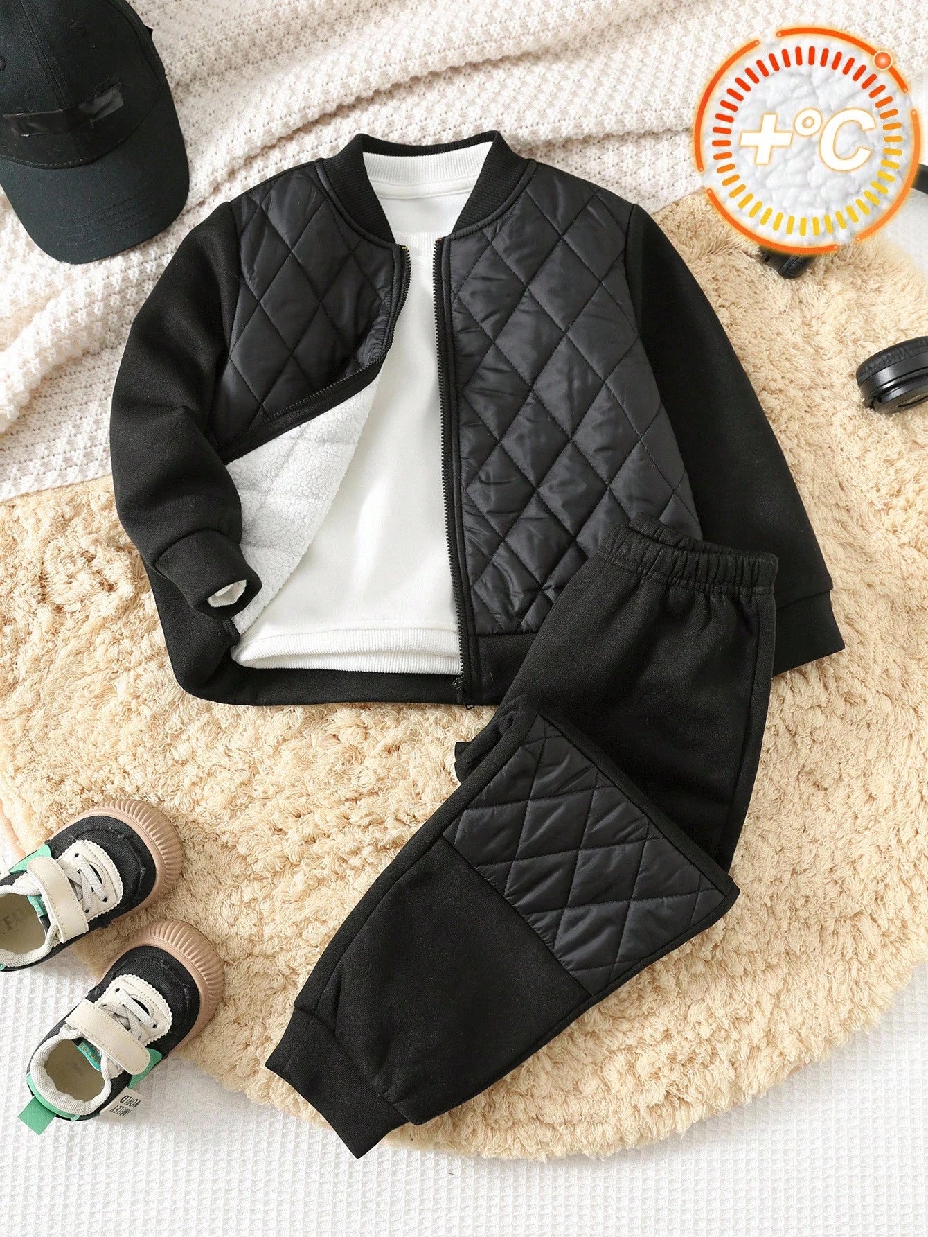 2pcs Set Young Boy Thickened Quilted Jacket & Pants