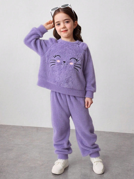 2pcs/Set Young Girl Autumn Reversible Fleece Sweatshirt And Pants Purple