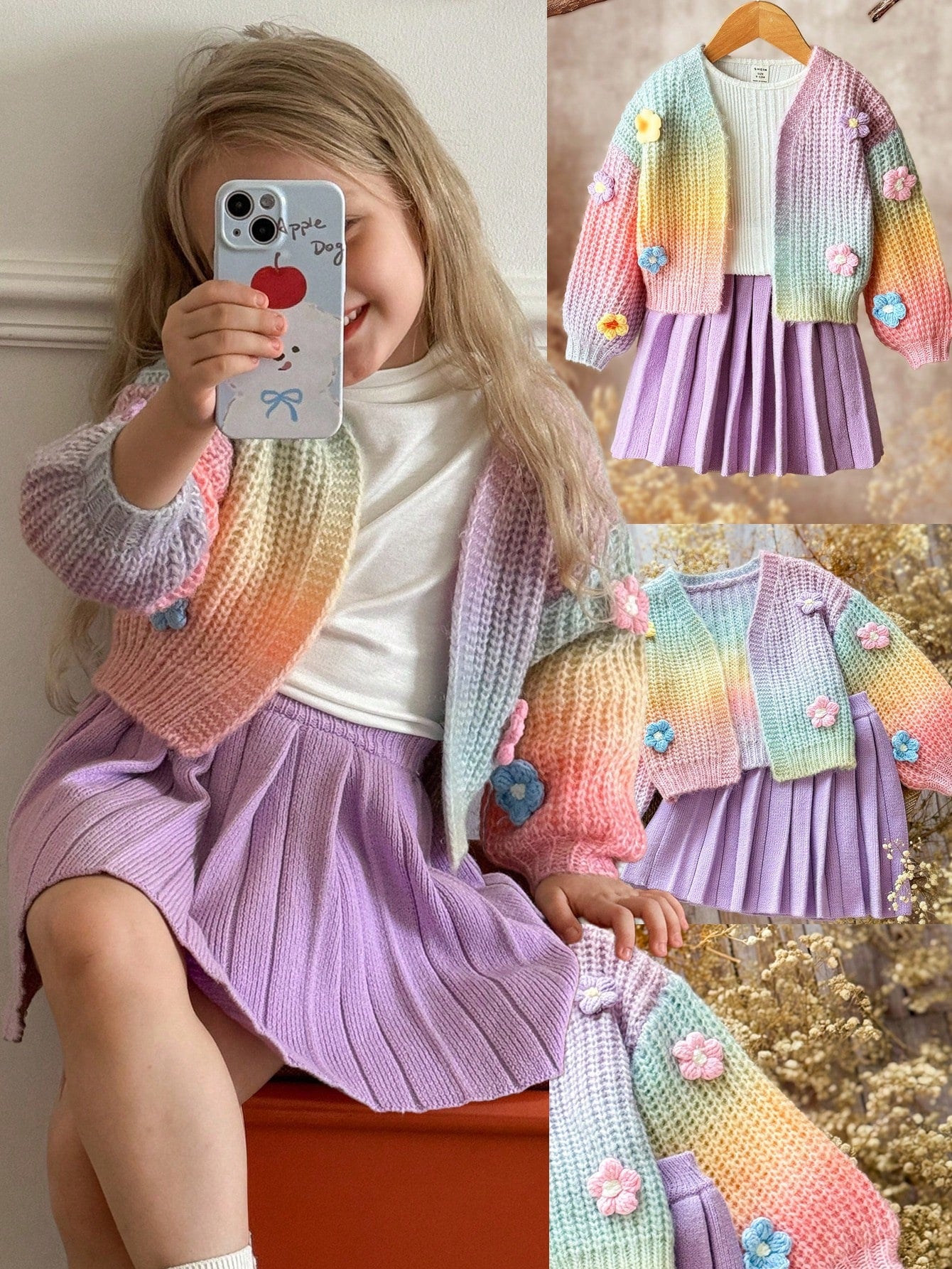 airy Frenchy Sweet Cute 3D Floral Tie-Dye Knitted Cardigan & Pleated Skirt