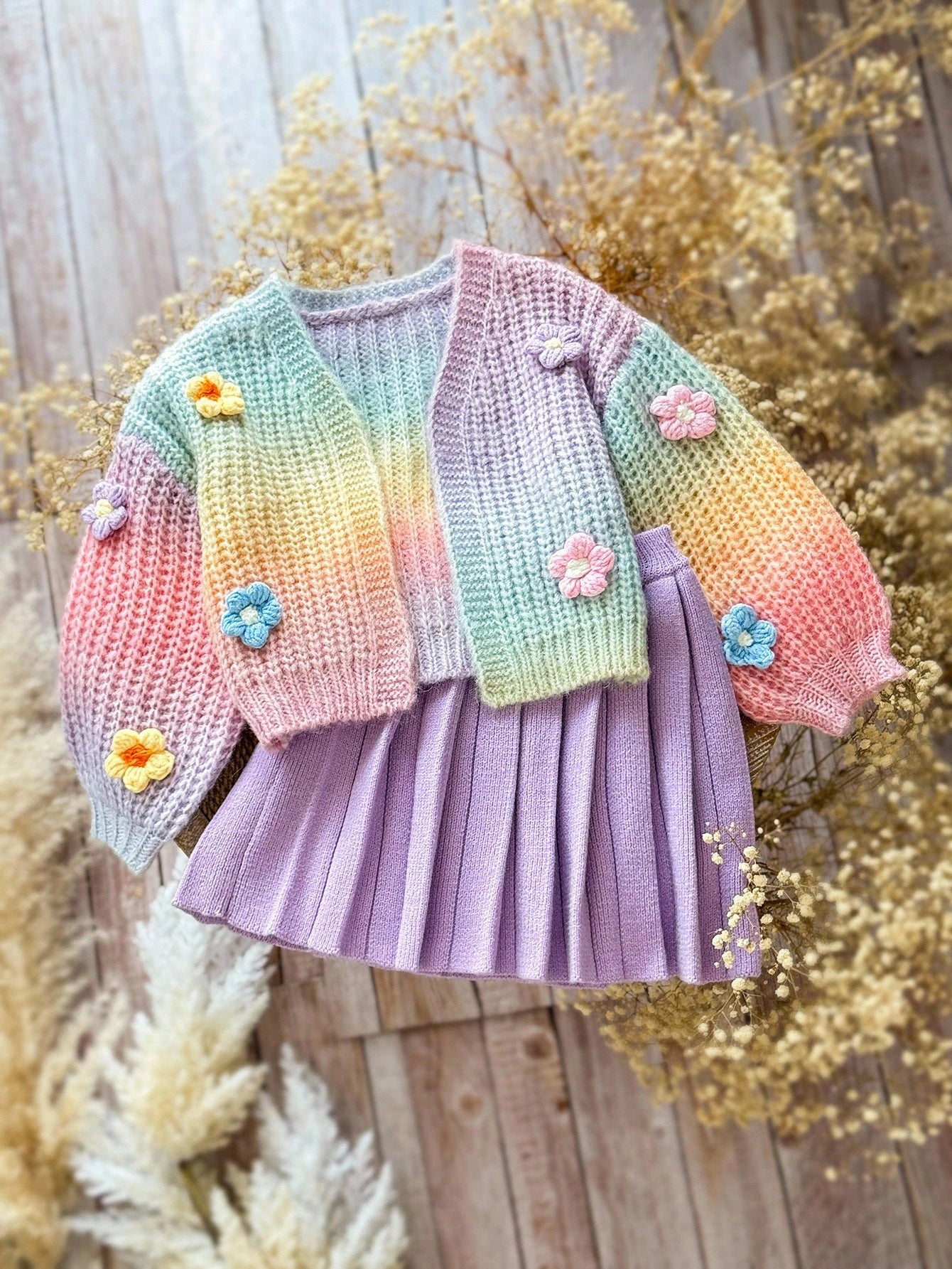 airy Frenchy Sweet Cute 3D Floral Tie-Dye Knitted Cardigan & Pleated Skirt