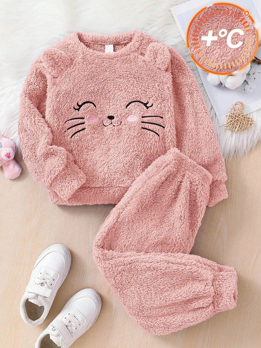 2pcs/Set Young Girl Autumn Reversible Fleece Sweatshirt And Pants Pink