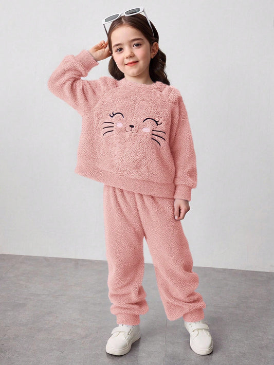 2pcs/Set Young Girl Autumn Reversible Fleece Sweatshirt And Pants