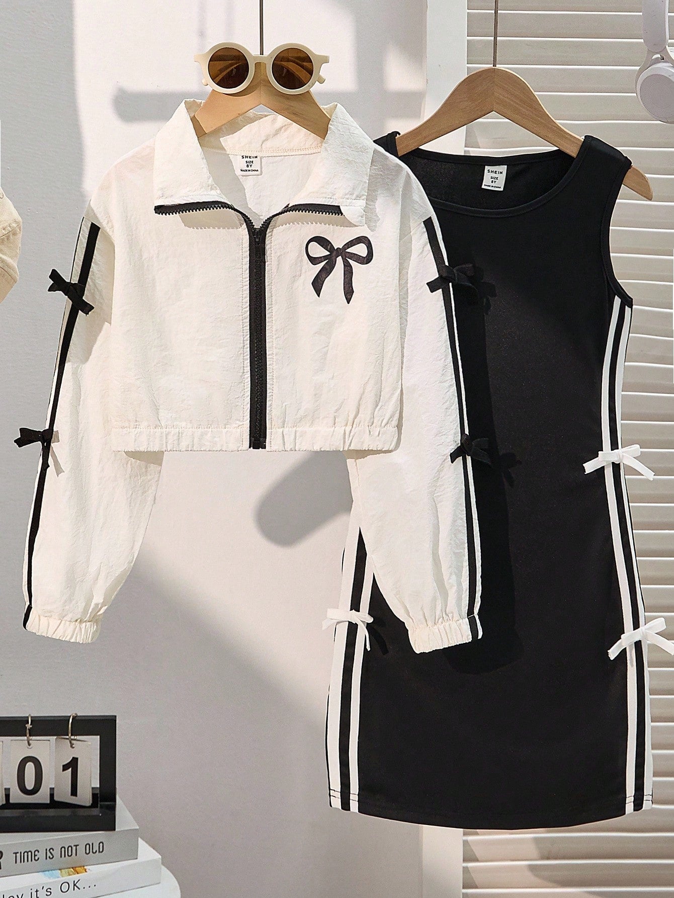 Young Girls Long Sleeve Zip-Up Jacket Bow Decor And Bowknot Decor Slip Dress Set