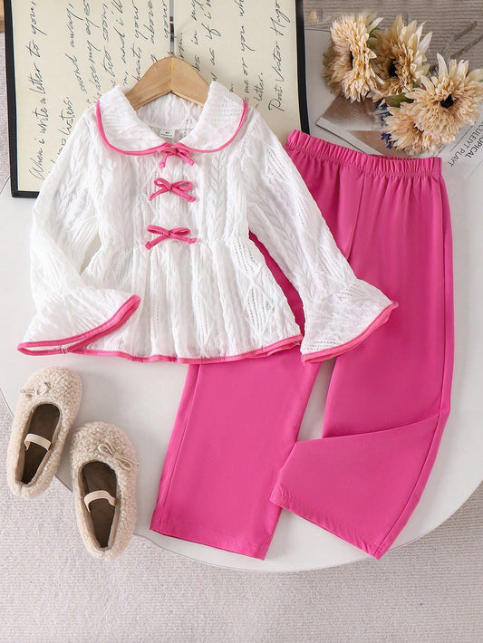 Cute Flare Sleeve Top With Bow Decor & Comfortable Black Casual Pants