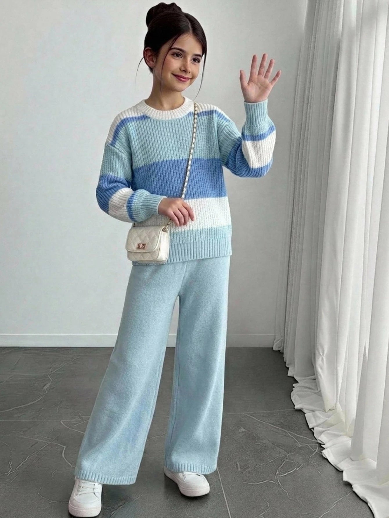 Patchwork Dropped Shoulder Sweater With Light Blue Leg Knit Pants
