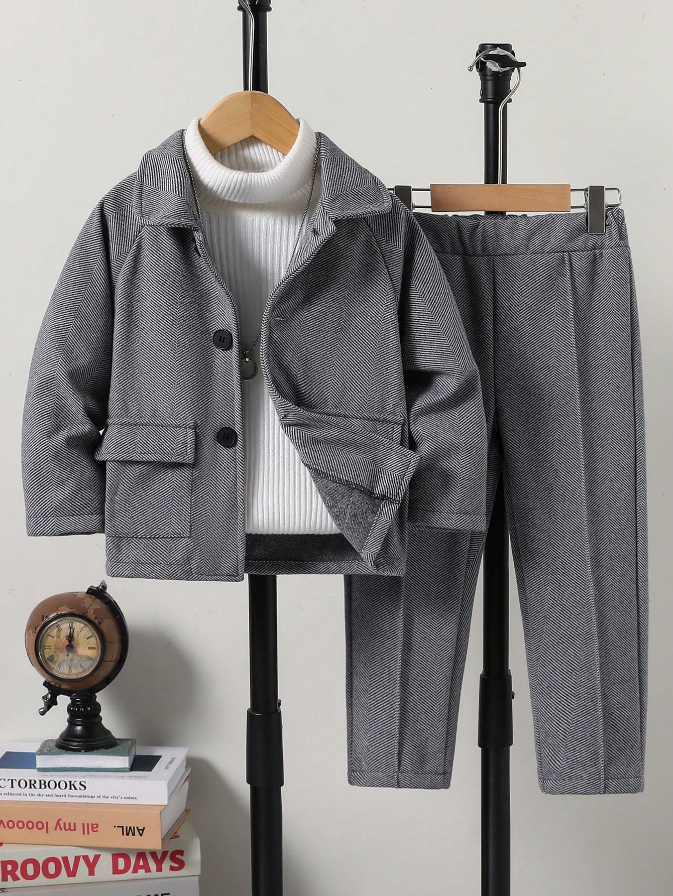 2pcs Young BoyCasual Collared Jacket And Pants Set