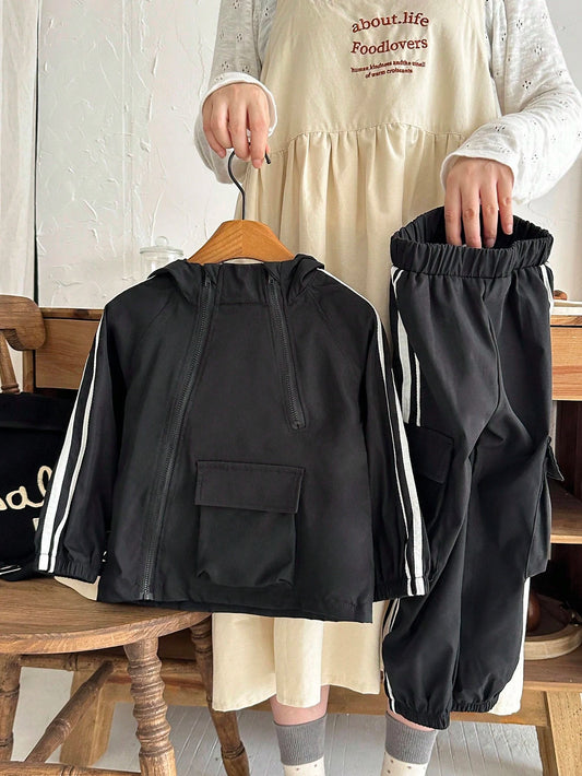 2pcs Young Boy Korean Style Casual Striped Long Sleeve Zip-Up Top + Striped Pocket Casual Pants Black
