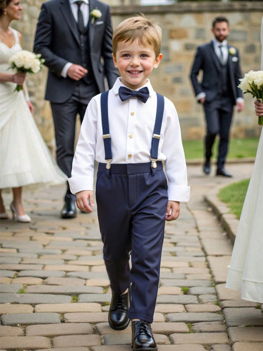 Young Boy Set: Solid Color Long Sleeve Shirt And Bib Overalls