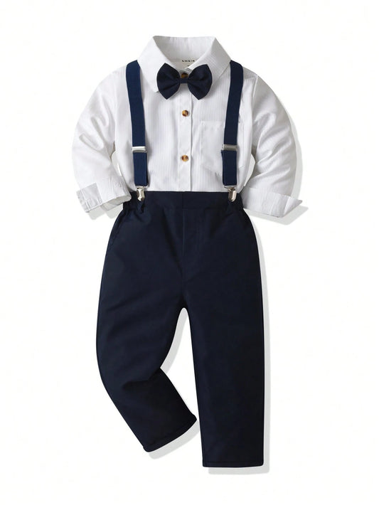 Young Boy Set: Solid Color Long Sleeve Shirt And Bib Overalls