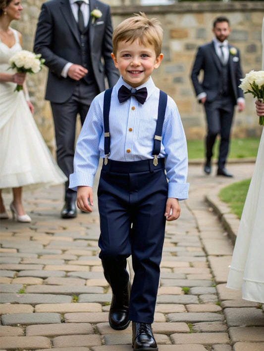 Young Boy Striped Long Sleeve Shirt With Suspender Pants Gentleman Outfit Set