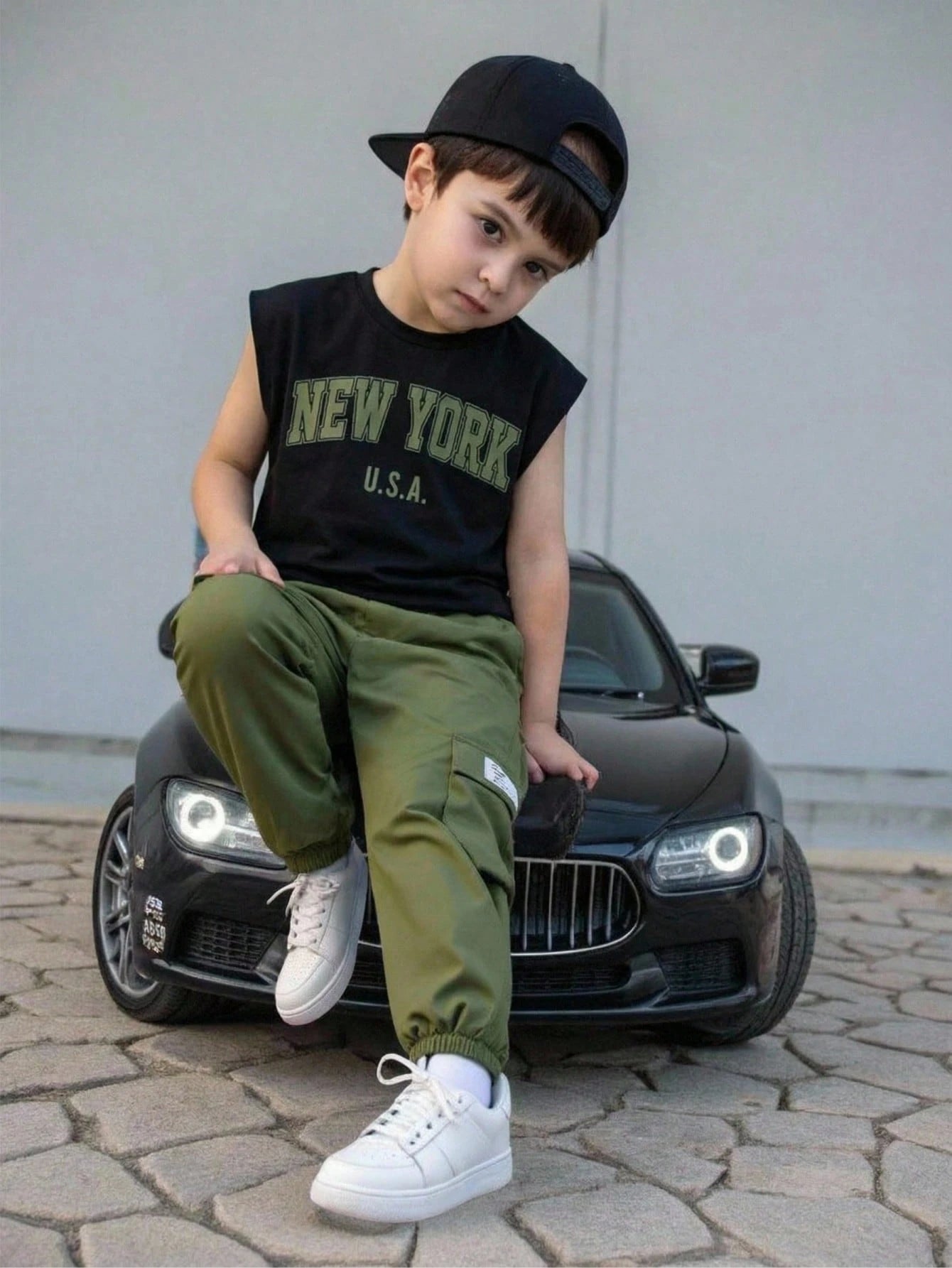 2pcs Young Boys Sleeveless Printed Top And Drawstring Pants Set