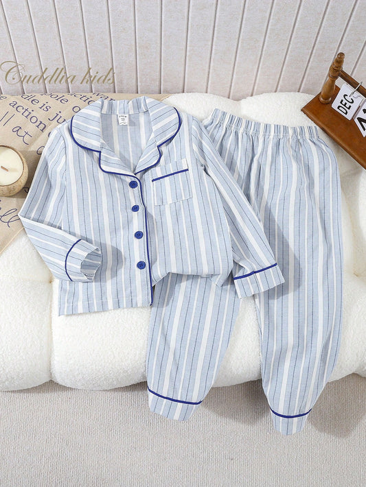 2pcs Young Boys Classic Striped Cardigan & Pants Loungewear Set