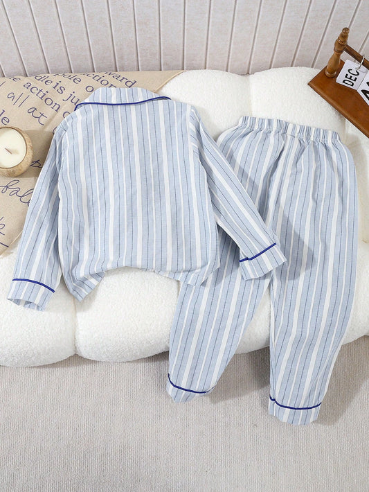 2pcs Young Boys Classic Striped Cardigan & Pants Loungewear Set