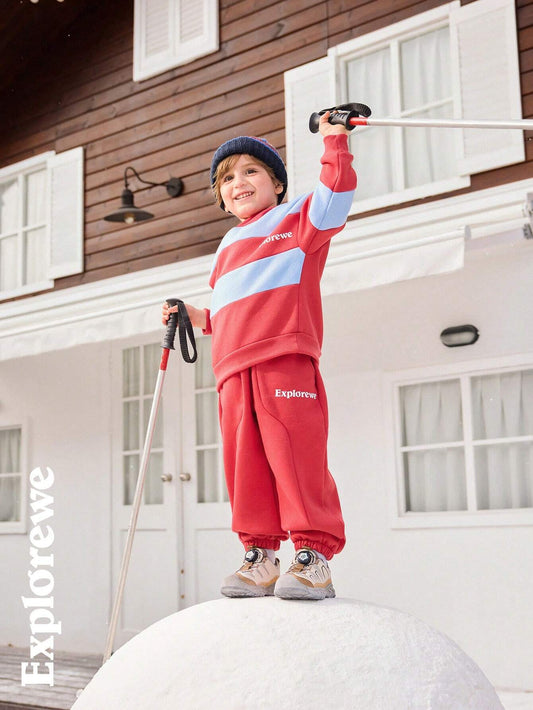 Young Boys Solid Color Patchwork Round Neck Long Sleeve Letter Print Simple Top & Pants Red