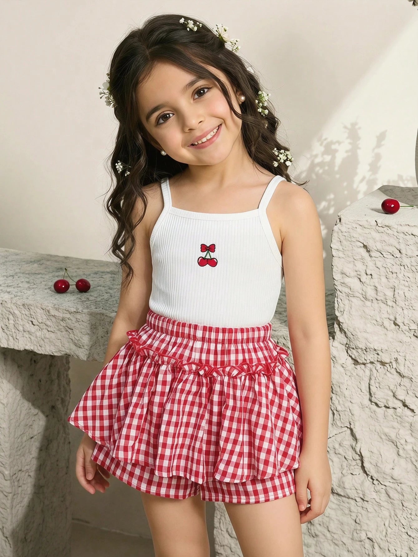 2pcs Young Girl Knitted Solid Color Cherry Graphic Camisole And Shorts Set
