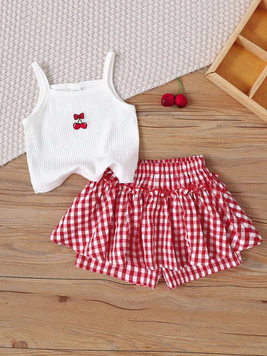 2pcs Young Girl Knitted Solid Color Cherry Graphic Camisole And Shorts Set