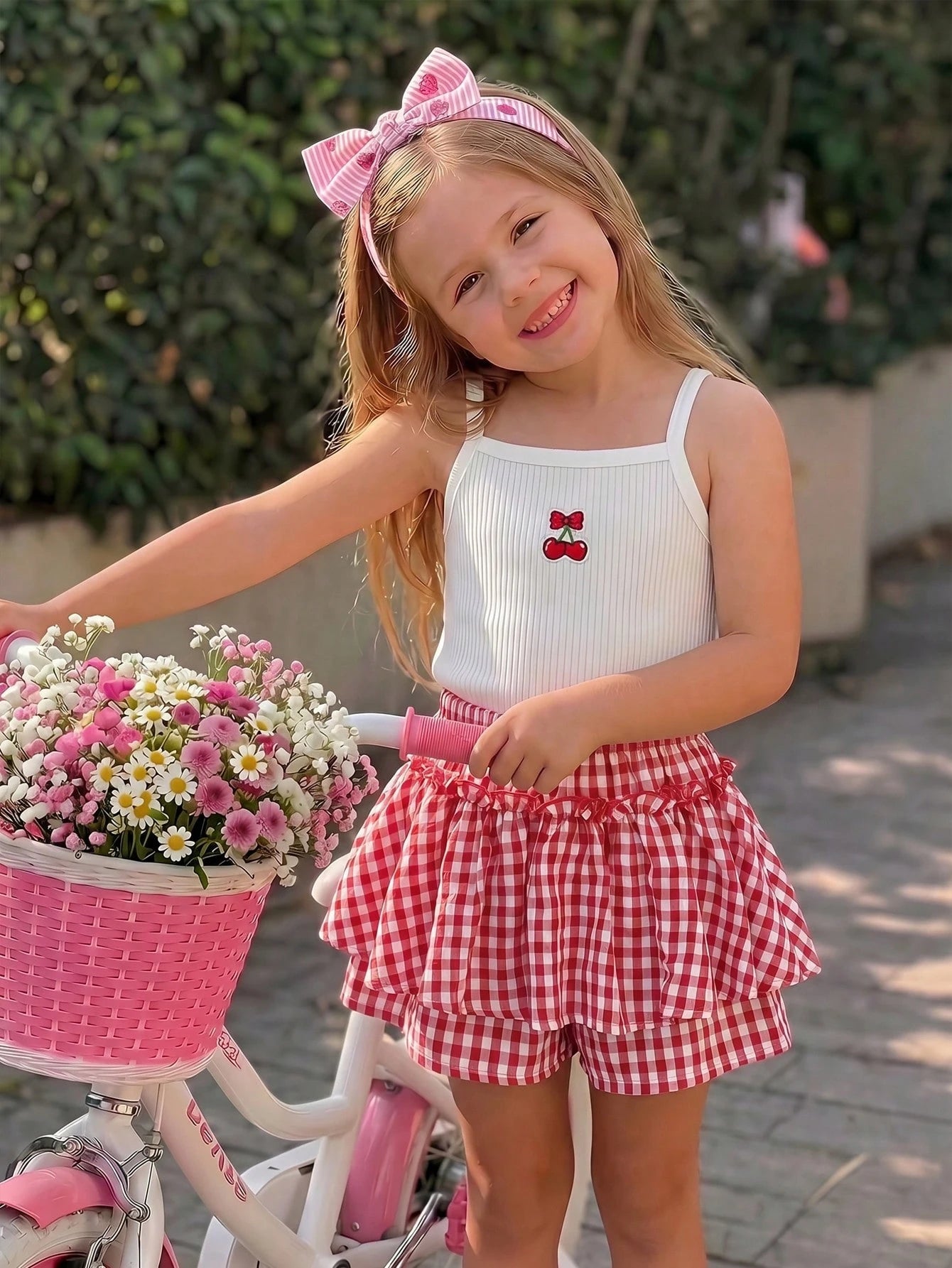 2pcs Young Girl Knitted Solid Color Cherry Graphic Camisole And Shorts Set