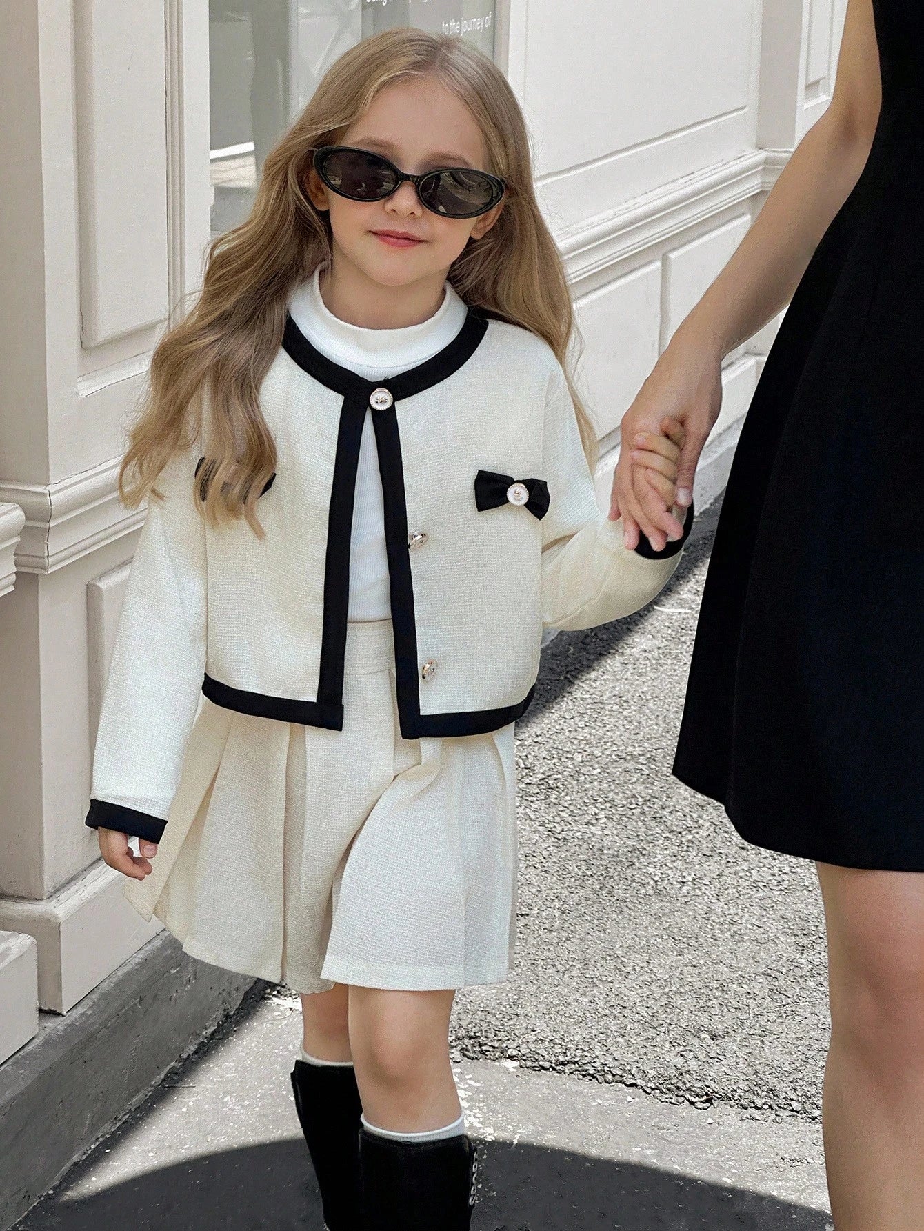 Young Girls Cute Bow Decor Short Sleeve Jacket And Comfortable Adorable Skirt Set