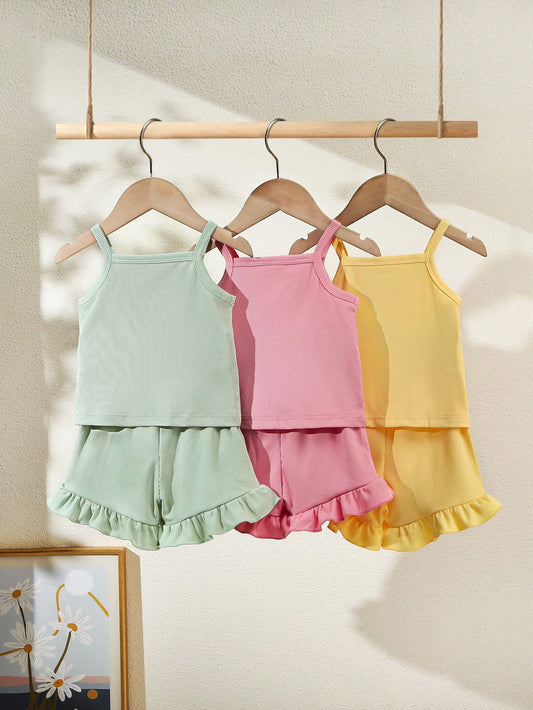 Mummy & Mee, SS Style Solid Ribbed Ruffle Trim Sleeveless Camisole Cami Tank Tops And Shorts Trousers Bottoms 2 Piece Set