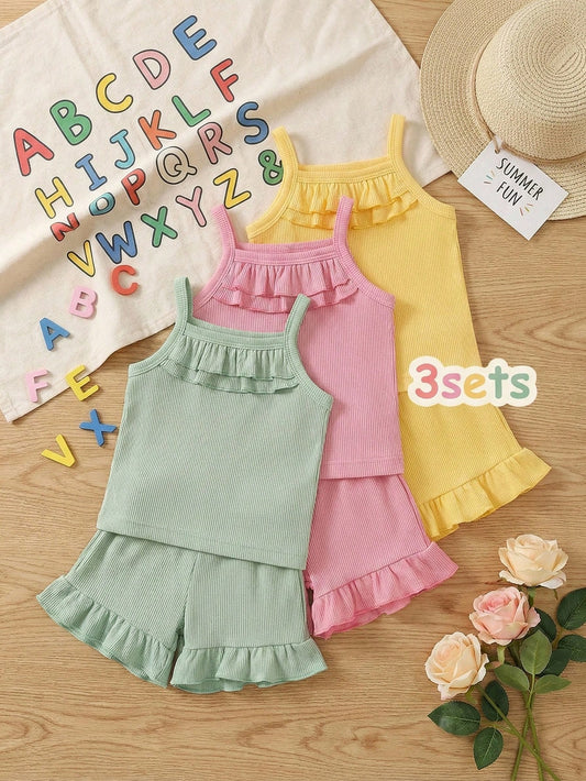 Mummy & Mee, SS Style Solid Ribbed Ruffle Trim Sleeveless Camisole Cami Tank Tops And Shorts Trousers Bottoms 2 Piece Set