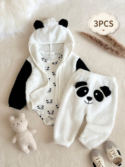 Panda Hooded Jacket, White Romper, Plush Pants, Cartoon Panda Embroidery, 3D Ears