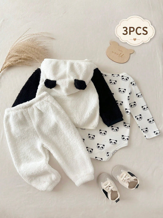 Panda Hooded Jacket, White Romper, Plush Pants, Cartoon Panda Embroidery, 3D Ears