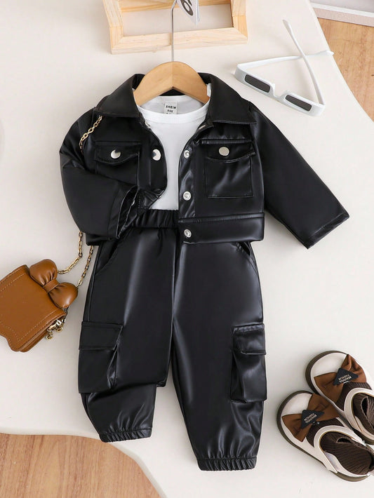 Mummy & Mee, 3pcs Baby Girl Fashionable Casual Solid Color Jacket And Pants Set 6-9M
