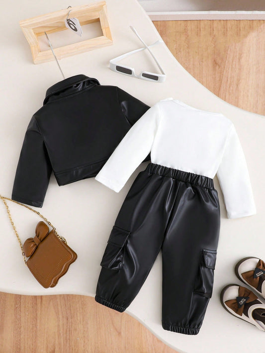 Mummy & Mee, 3pcs Baby Girl Fashionable Casual Solid Color Jacket And Pants Set
