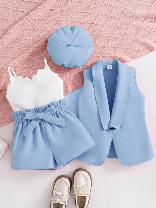 Baby Girl Knitted Solid Cardigan & Knitted Bib Pants Set With Bonnet