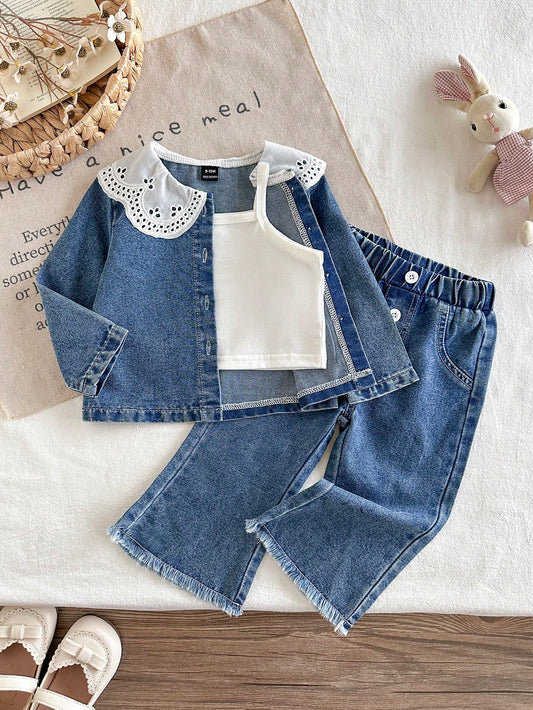 Denim Jacket Top Flared Pants Sweet Blue White Eyelet Lace