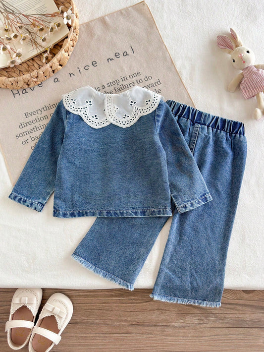 Denim Jacket Top Flared Pants Sweet Blue White Eyelet Lace